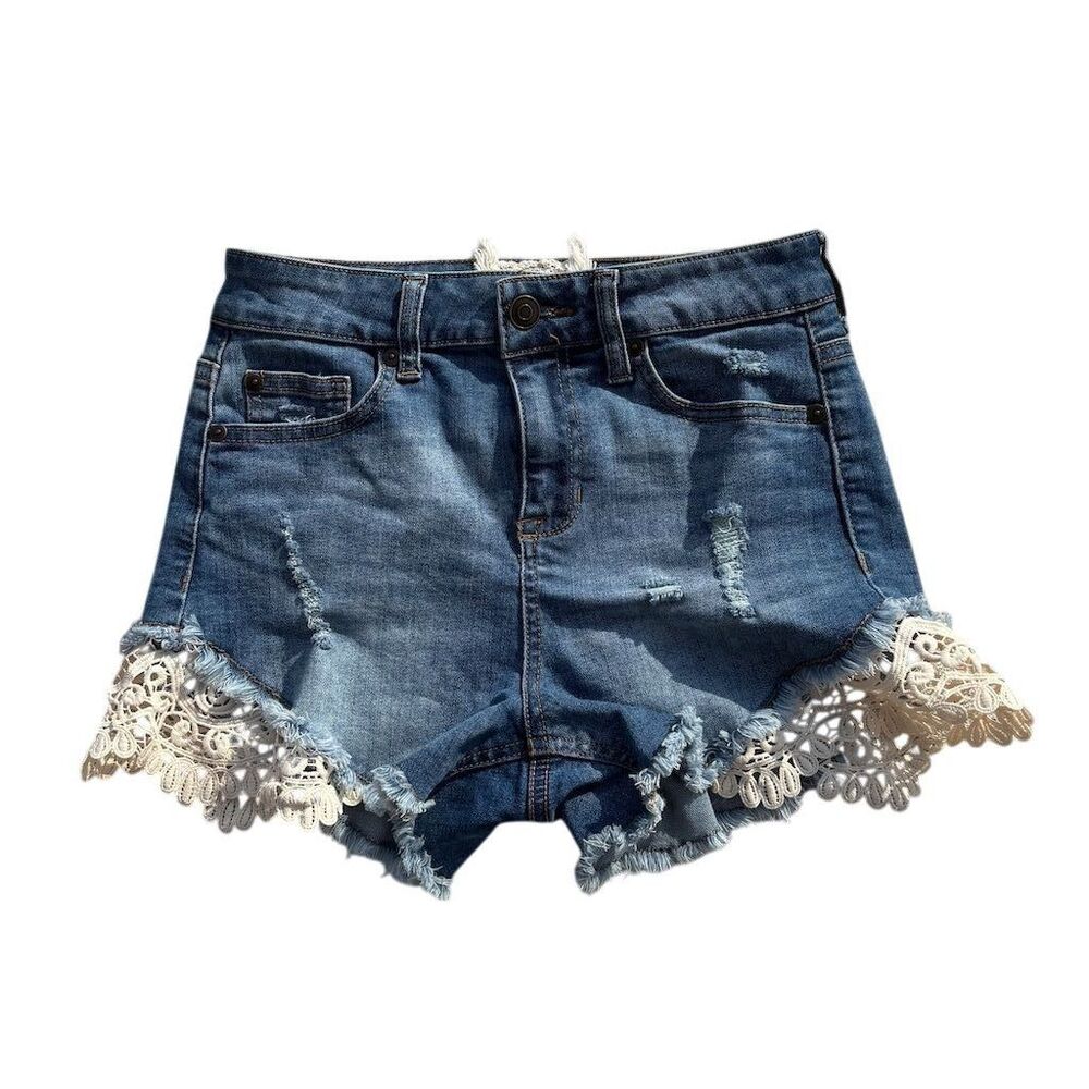 Altar'd State Women's Distressed Denim Shorts Crochet Lace Trim Size 26